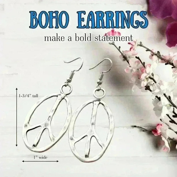 Peace sign hippie earrings hippy accessories silver bohemian retro jewel… - Picture 5 of 9